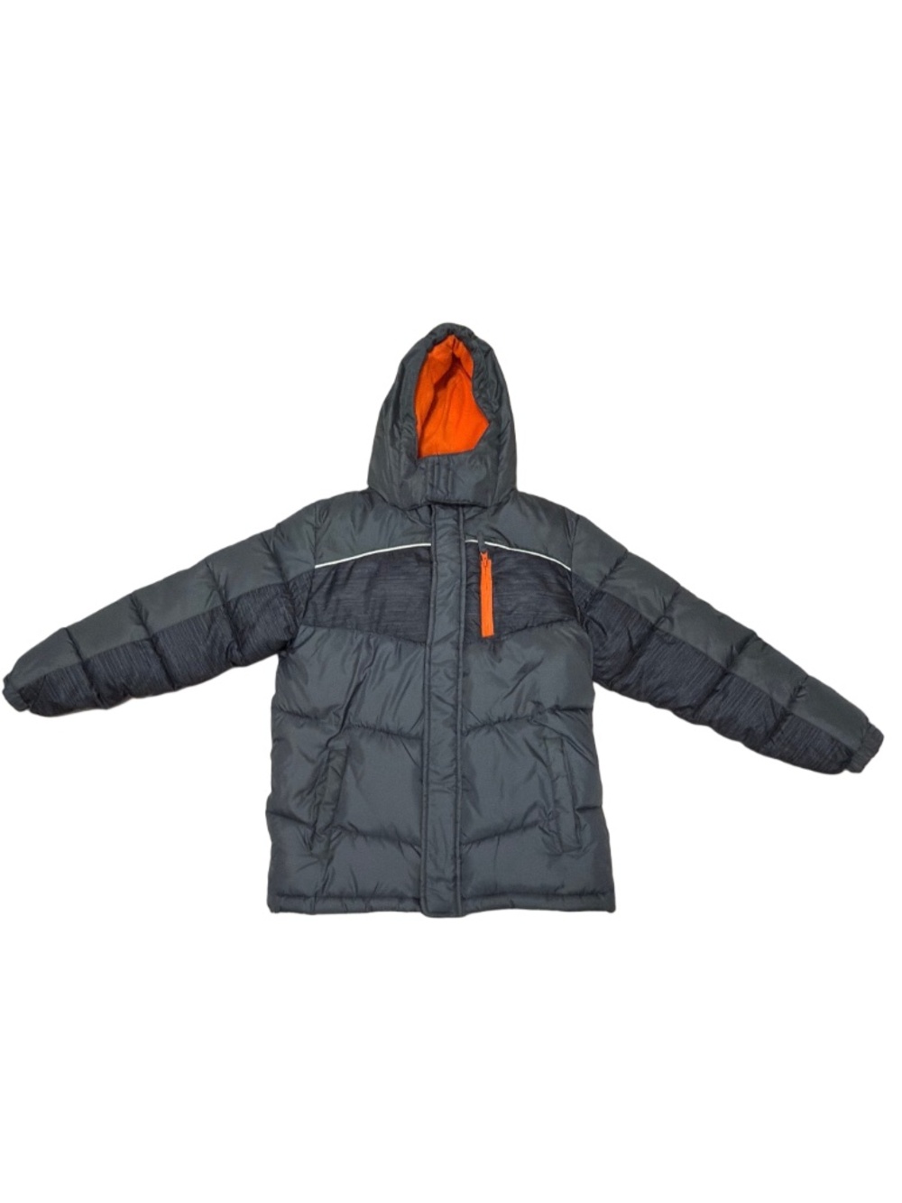 Xersion Boys Puffer Jacket Gray Orange Hooded Size M 10/12 Winter Coat